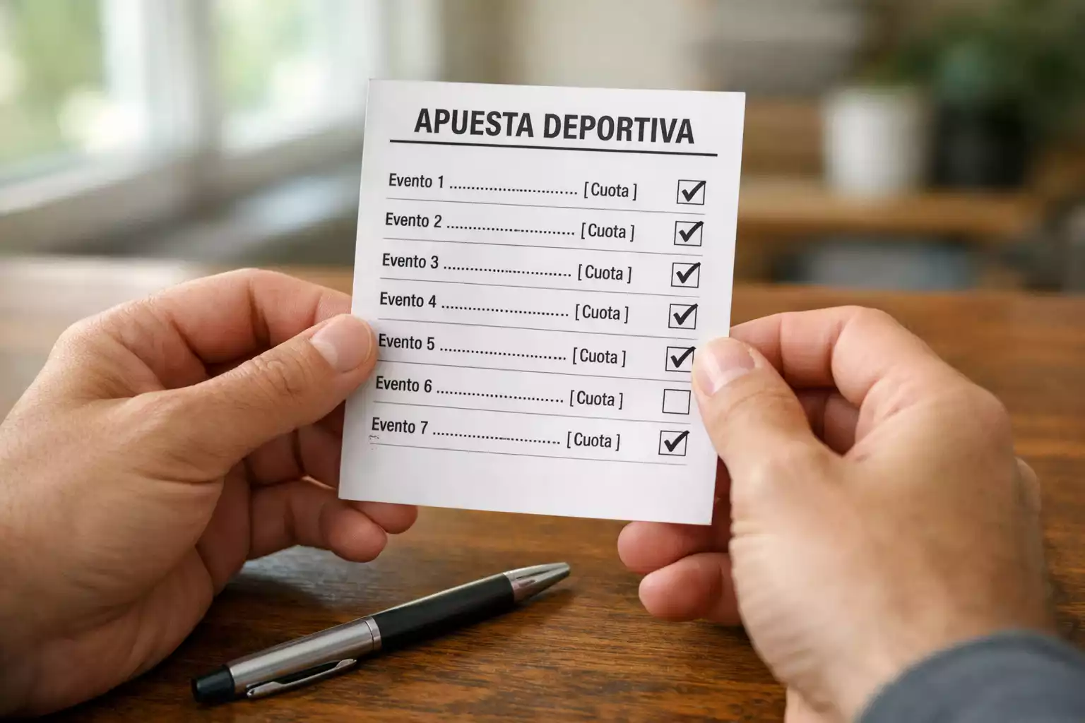 Persona revisando un boleto de apuestas con varias selecciones