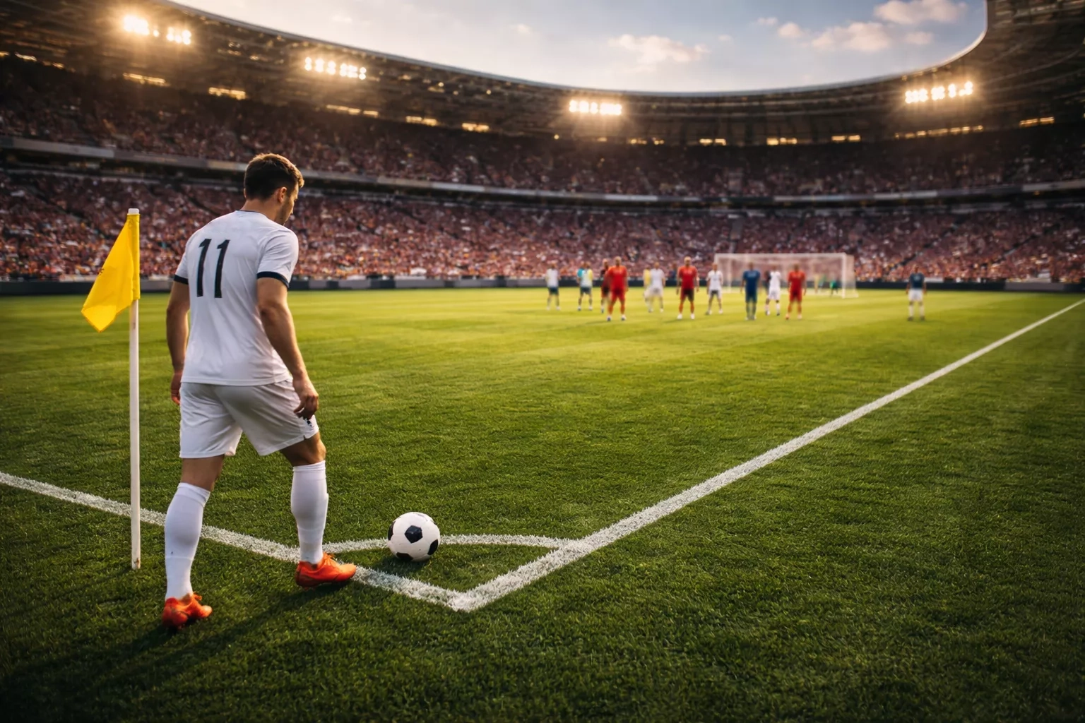 Jugador ejecutando un saque de esquina durante un partido