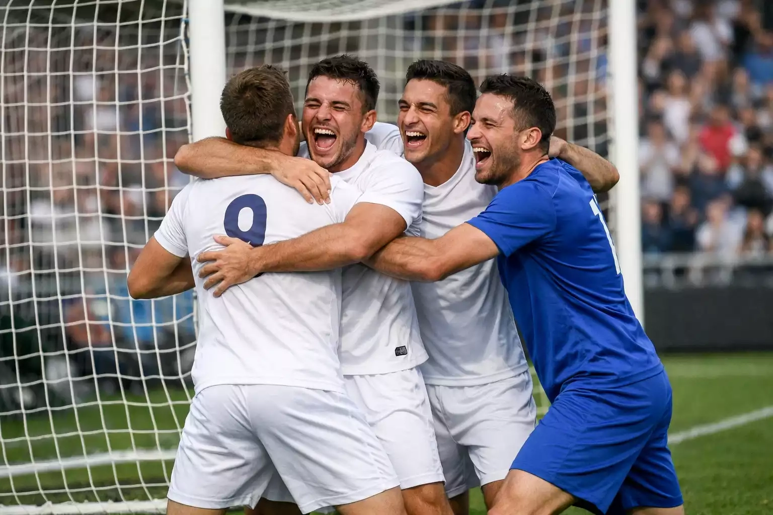 Jugadores celebrando un gol en un estadio de fútbol profesional