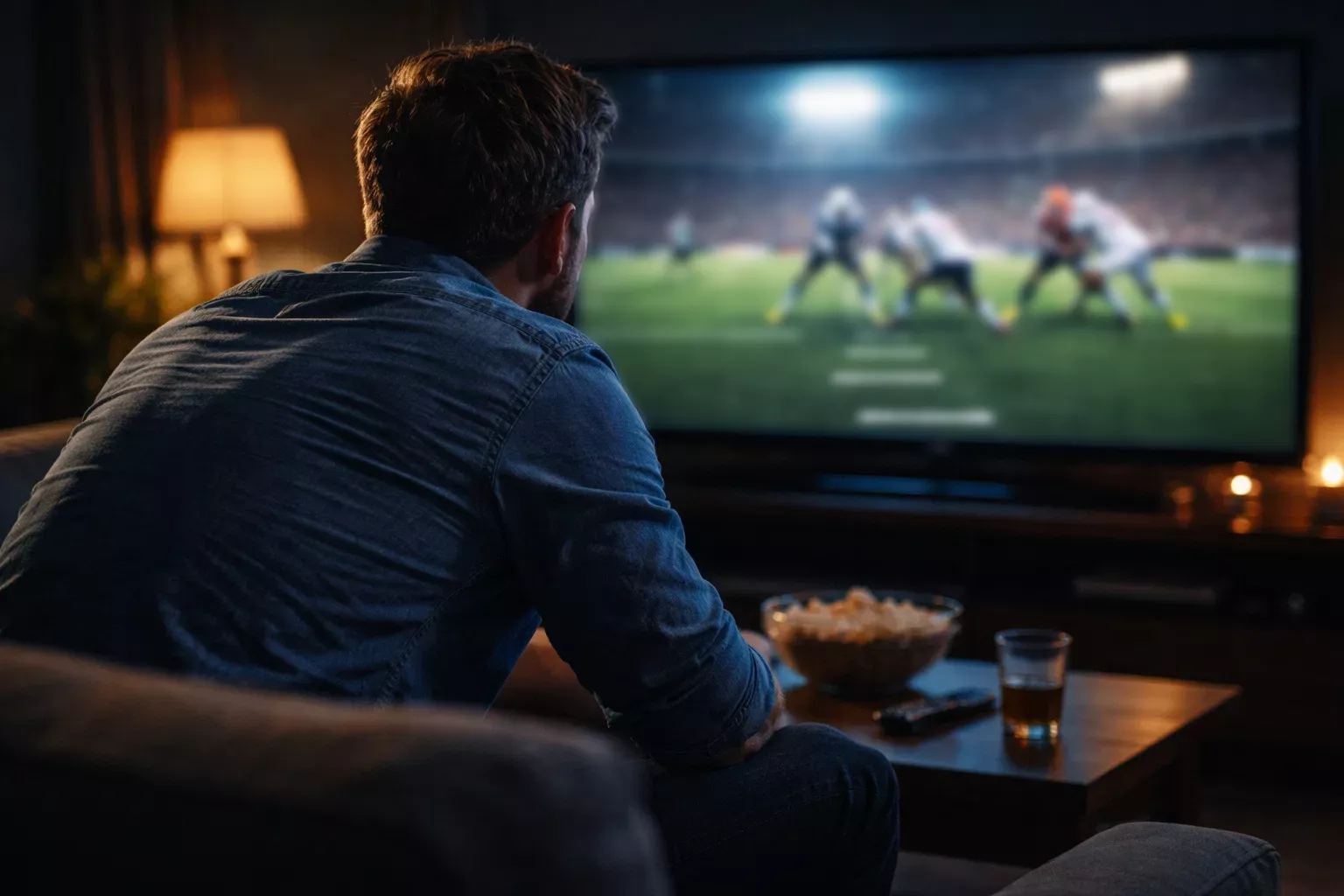 Aficionado nervioso viendo un partido de fútbol con expresión tensa