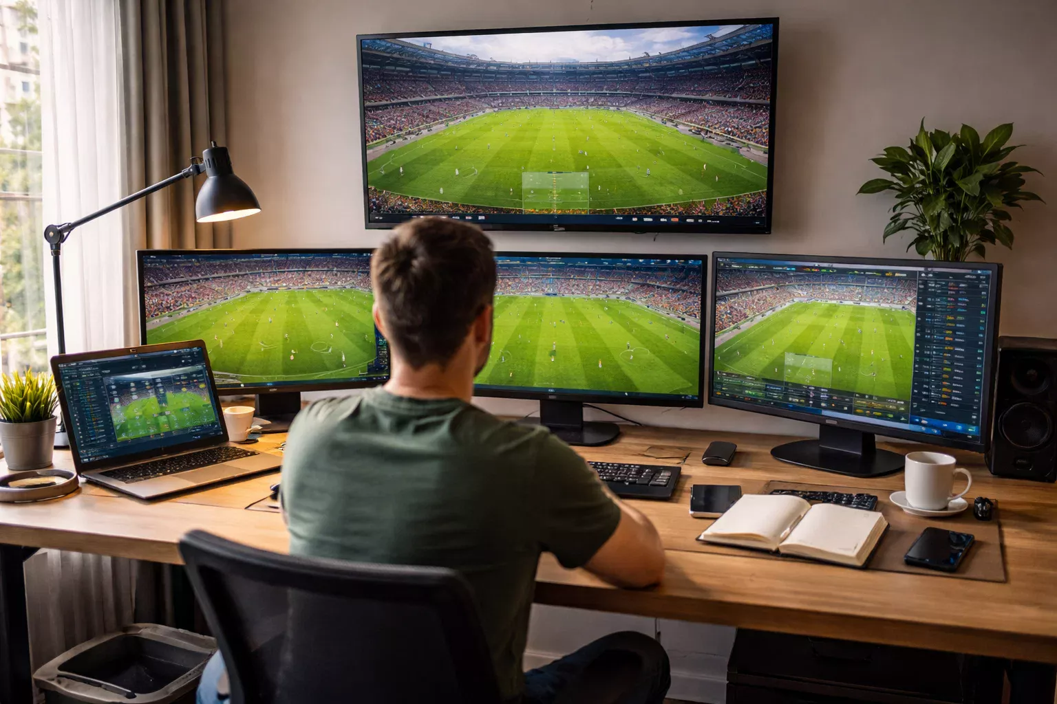 Apostador experimentado observando múltiples partidos de fútbol en pantallas