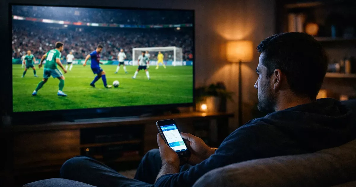 Persona viendo un partido de fútbol en directo mientras consulta su móvil