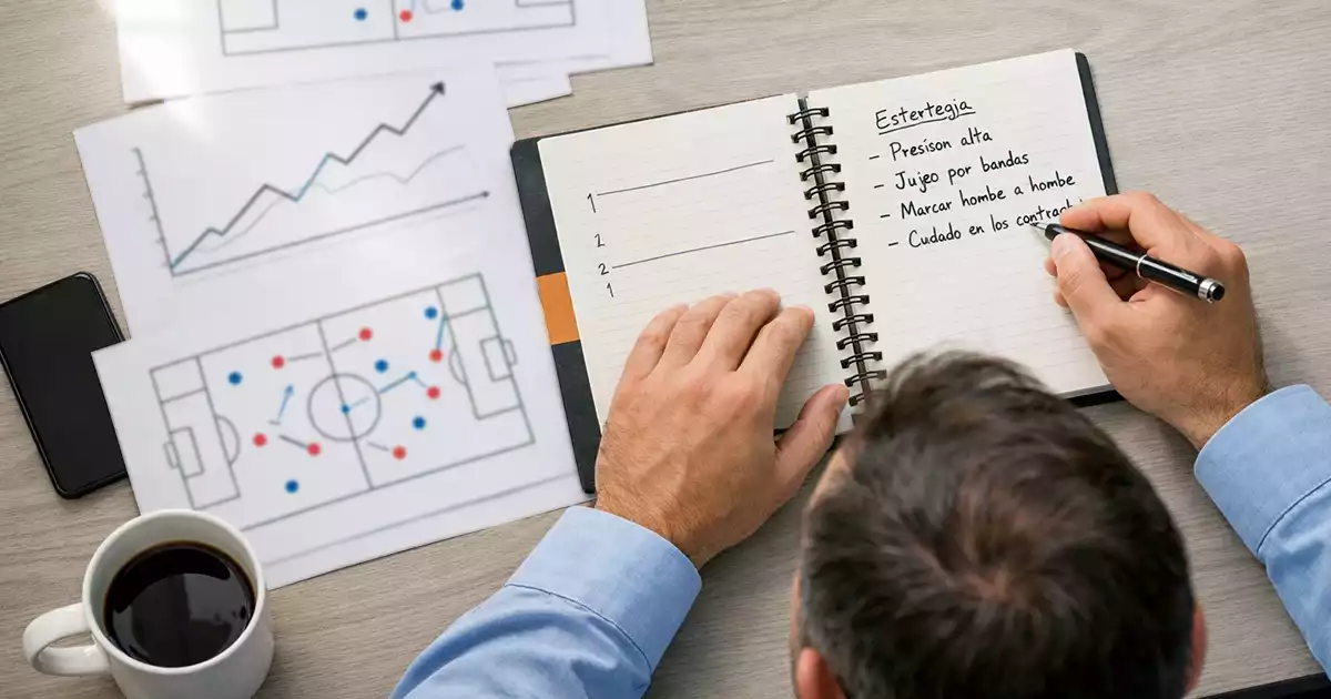 Analista estudiando tácticas de fútbol con documentos y anotaciones