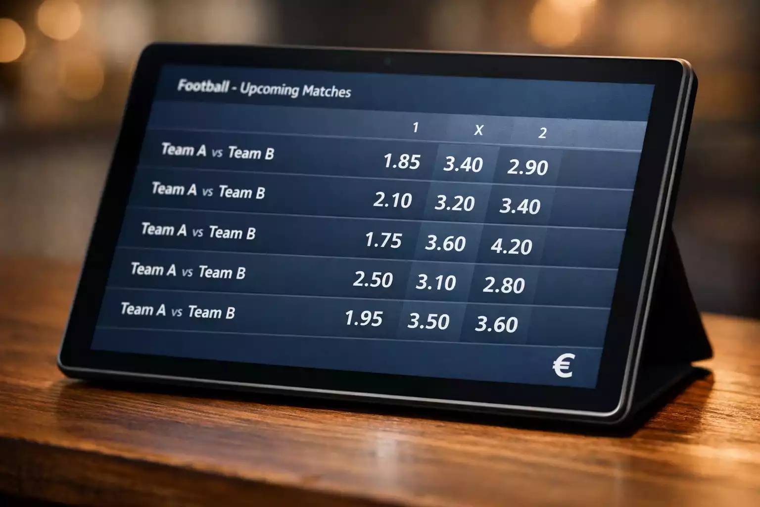 Pantalla mostrando cuotas decimales de partidos de fútbol con símbolo de euro