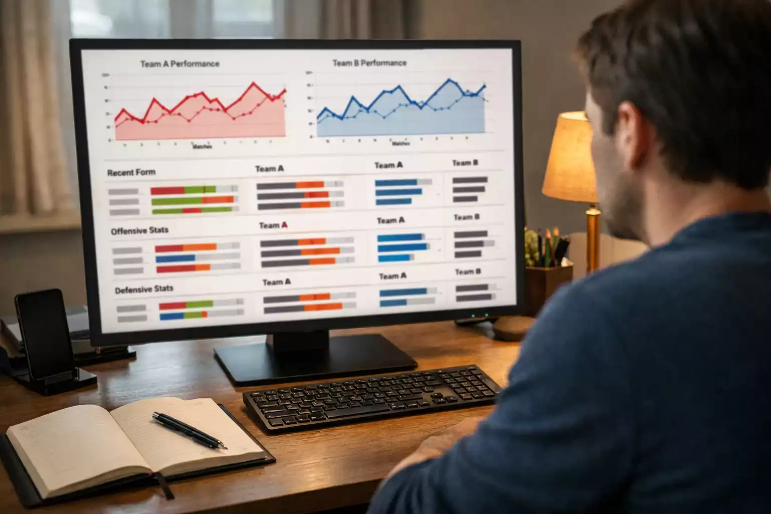 Persona analizando estadísticas de fútbol en una pantalla con datos de equipos