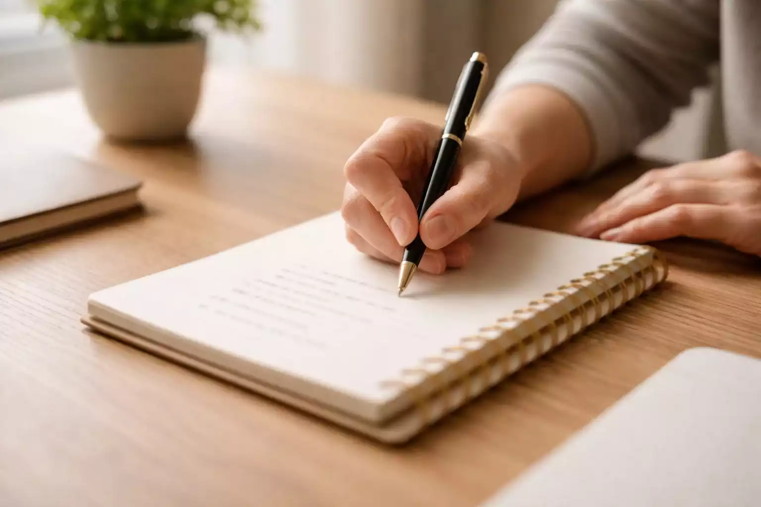 Persona escribiendo notas sobre gestión de presupuesto con libreta y bolígrafo